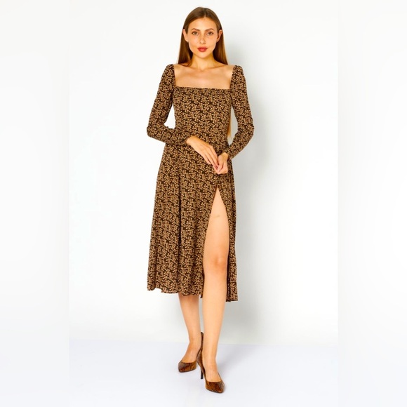 NWT ANTHRO O.P.T. Floral Print Midi Side Slit Midi Dress Brown Combo 8 - Picture 1 of 11